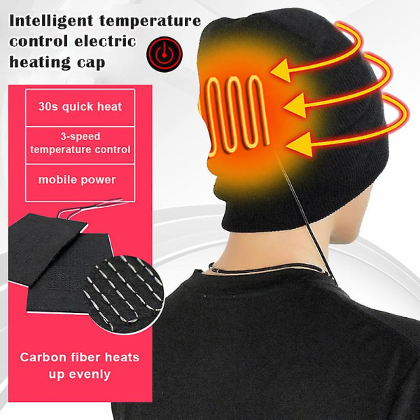 USB Genopladelig Vinterhue Varm Vaskbar Kædestrikket Opvarmet Hue Til Udendørsaktiviteter Unisex Black