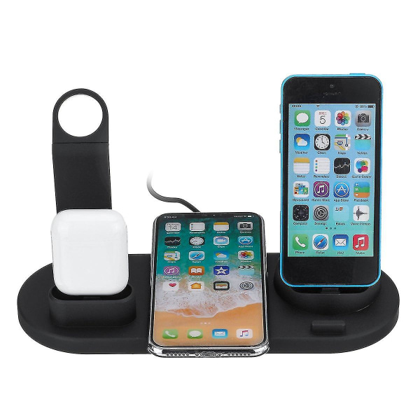 6 i 1 trådløs Qi-lader for skrivebord, ørepropplader, klokkelader, telefonholder black