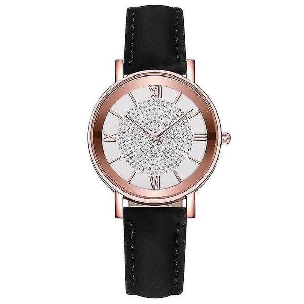 Stjärnklar Himmel Urtavla Mode Romerskt Index Strass Läder Dam Quartz Klocka Black White Color