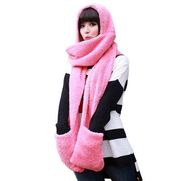 [LCS] Vintervarm hettegenser for kvinner, hansker, lomme, øreklaffhatt, langt skjerf, sjal, snood-omslag Pink