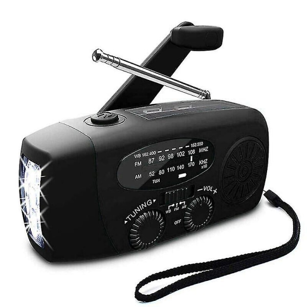 (Svart) Nödradio med solceller, handvevsdynamo, AM/FM/NOAA väderradio