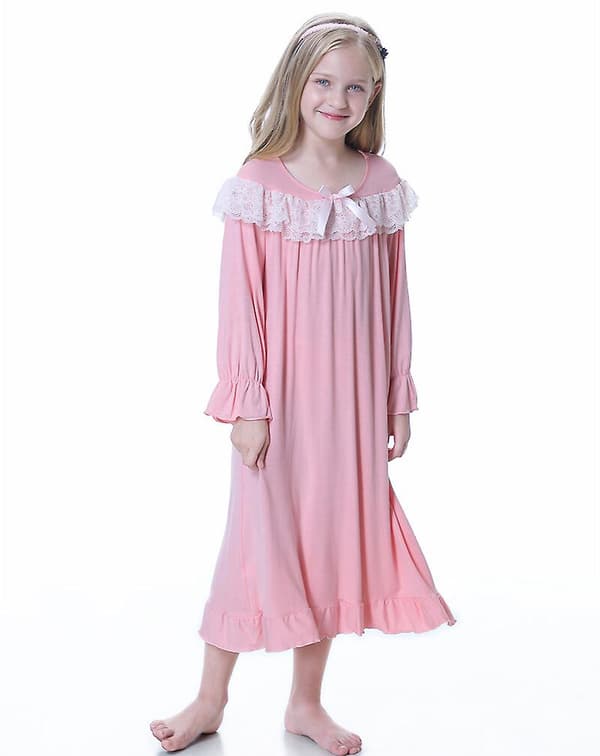 [LCS] Flicknattlinnen Långärmade Sovkläder Bekväm Prinsessklänning pink 140