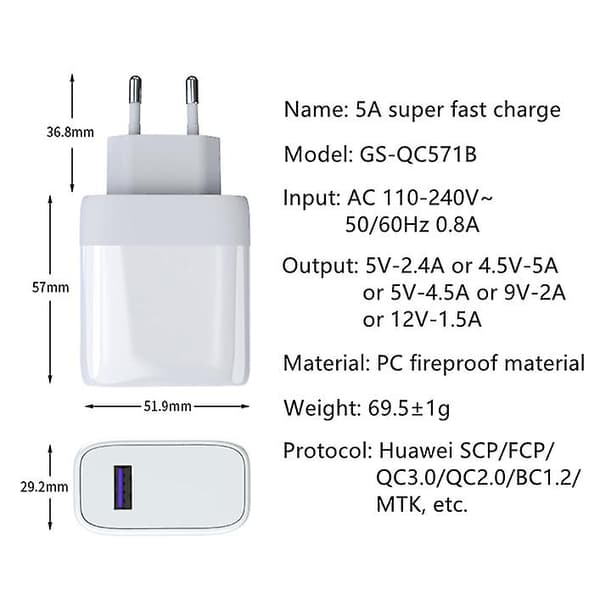 Europæisk Scp Superhurtig Opladning 5a Oplader Strømadapter P40 Char
