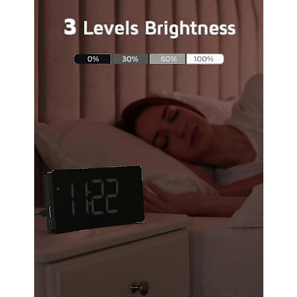[LCS]Projection Alarm Clock, Digital Clock with 180° Rotatable Projector, 3-Level Brightness Dimmer[HK] White Digit