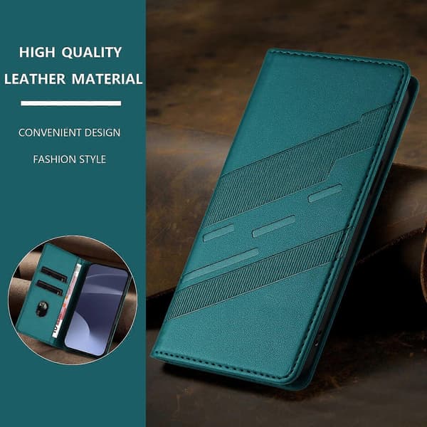 [LCS]Etui til iPhone 15, blødt PU-læder Folio Flip Kickstand Stødsikkert telefonetui- Dark Green
