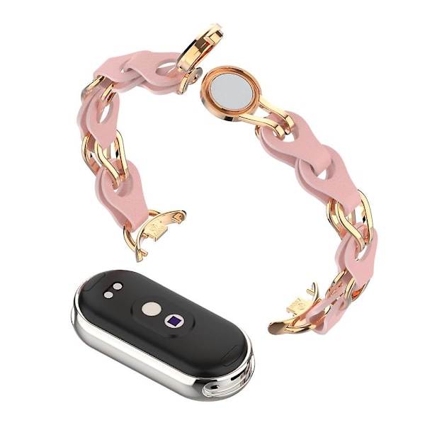 För Xiaomi Smart Band 8 Magnetiskt Armband Äkta Läder+Kedjearmband i Aluminiumlegering Pink
