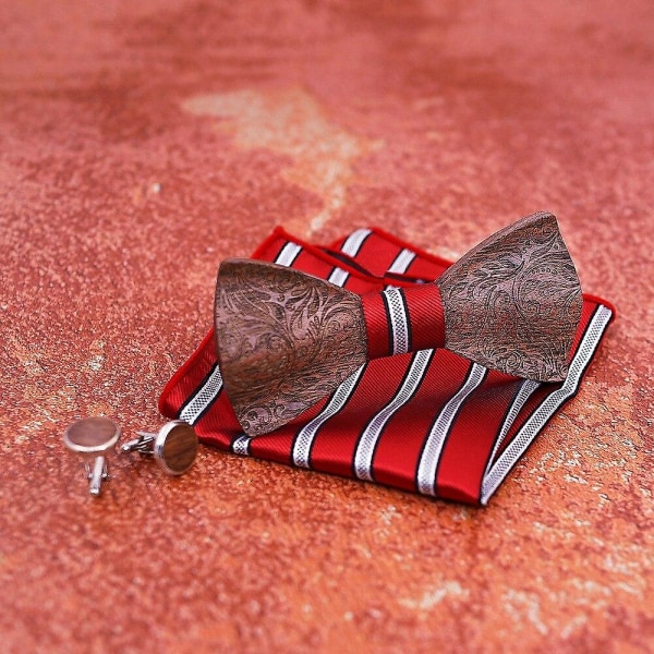 Gravering Träflugor Handgjorda Butterfly Herr Slipsar Trä Manschettknapp Set(röd)