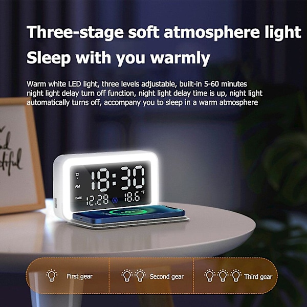 Dimbar LED-skjerm Nattlys Vekkerklokke med 15W Rask Trådløs Lader, Egnet for iOS og Android Systemer