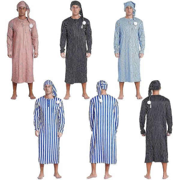 Henley sovtröja för män, randig, stor och lång, långärmad nattlinne med nattmössa light blue L
