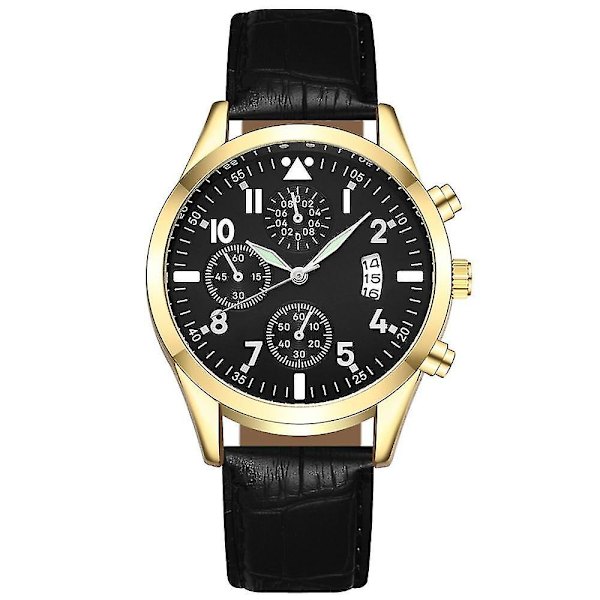 Quartz Armbandsur Klassisk Kalender Herr Business Stålklocka (08 Läder-Guld-Svart)