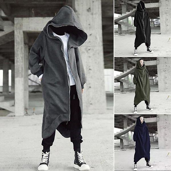Unisex Lång Hoodie Jacka Långärmad Jacka Dragkedja Fleecefodrad Lång Hoodie Gray 4XL