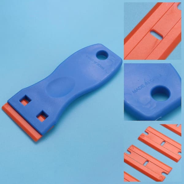 3-pakning plastskraper med 100 dobbeltkantede blader for vedlikehold av bilfrontruter Blue  Orange