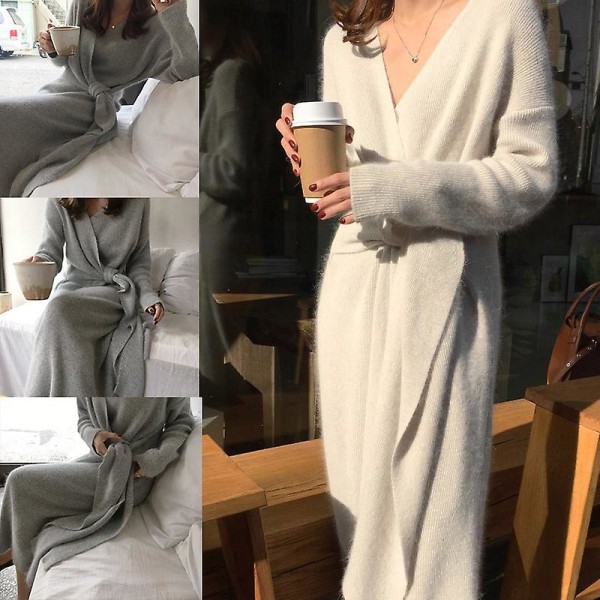 Bältad Cashmere Sweater Dress Kvinnor Mode Office Lady V Kneck Långärmad Stickad Klänning White