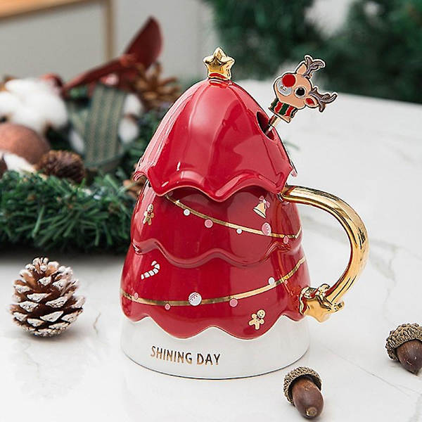 3D Juletræskrus Kreativ Keramisk Stor Kapacitet Mælk Kaffekop Med Låg Ske Ven Gave til Barn Julegave Glad Red