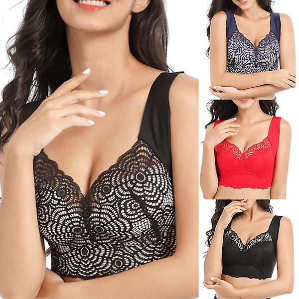 Ultimativ Løft Stræk Fuld Figur Sømløs Blonde Udskåret BH Til Kvinder Samlet Undertøj Åndbar Transparent Black 2XL