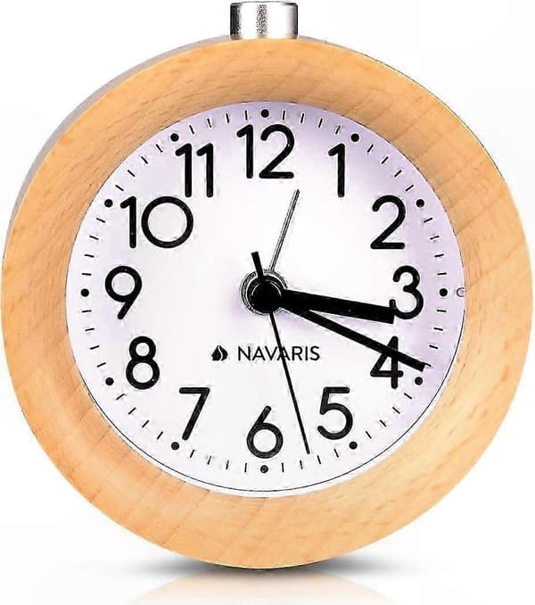 Retro väckarklocka i trä med snooze och ljus - Tyst analog bordsklocka för sovrum eller kontor Hellbraun