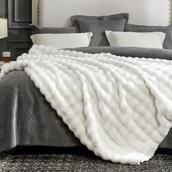[LCS]Fuskpälsfilt för soffa, mjuk och lurvig tjock bubbelfilt för soffa, sovrum, vardagsrum, 162 x 203 cm krämvit