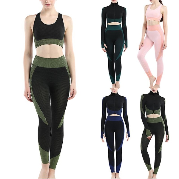 Yoga Set för Kvinnor Dragkedja Långärmad Eller Ärmlös BH Topp Leggings Träningsdräkt Träningskläder Fitness Pink