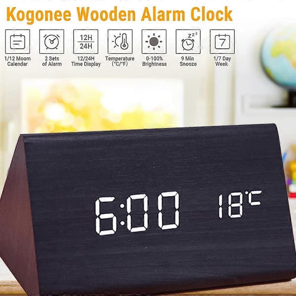 LED kreativ digital träklocka temperatur evighetskalender uppladdningsbar röstklocka