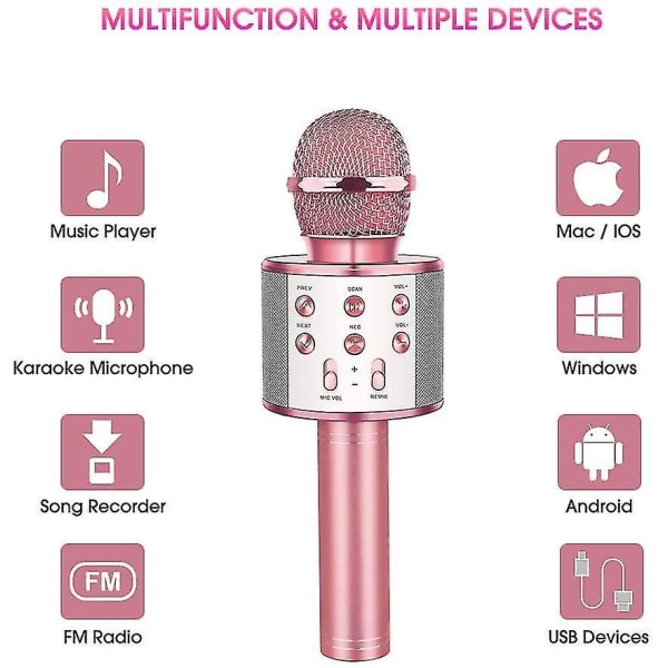 Trådlös karaokemikrofon Bluetooth handhållen, bärbar högtalare Hemma (Rose Gold)