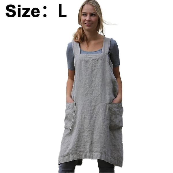 Bomull Lin Forkle Kryss Rygg Forkle For Kvinner Med Lommer Kittelkjole For Baking Matlaging Grey L