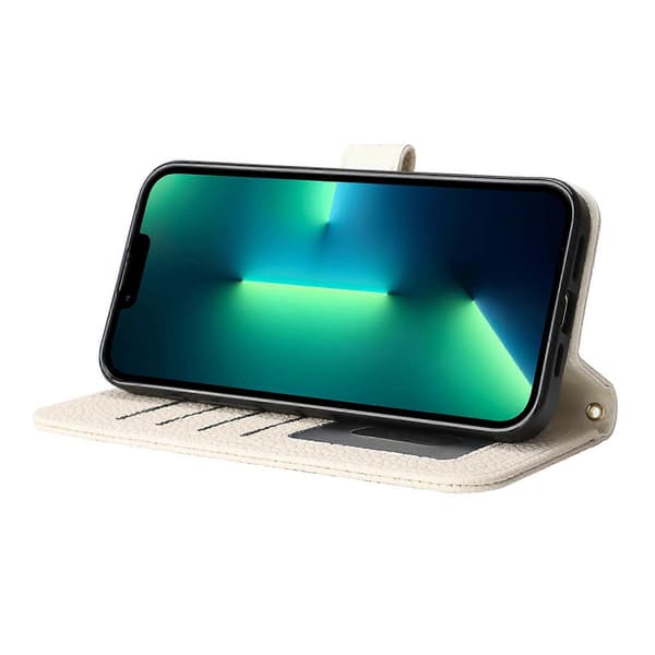För iPhone 13 Pro Max 12 Pro Max Stativfodral Litchi Textur Äkta Kohud Plånboksfodral RFID-blockerande Vit