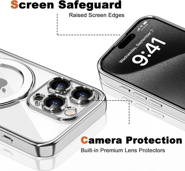 [LCS] iPhone 15 Pro Case with Invisible Magnetic Ring Stand [MagSafe Compatible] [Full Camera Lens Protection] Plated Clear for iPh Silver