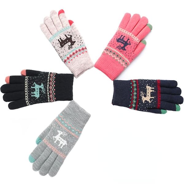 Stickade Tjocka Damhandskar Jul Ren Tryckt Mode Varma Höst Vinter Fullfingerhandskar Navy Blue