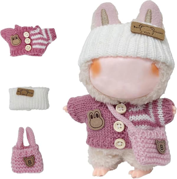 Tøj til Labubu 17cm Labubu tilbehør hæklet 3-delt sæt tøj til Labubu (lyserød sweater)