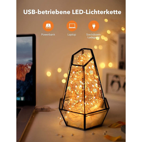 100 Led 10m USB Lys Kæde Julelys Varm Hvid Tråd Vandtæt Stemningslys (2 stk)