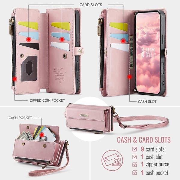 Kompatibel med iPhone 17 Pro Max-deksel CASEME C39 RFID-lommebokstativ i skinn med stropp Pink