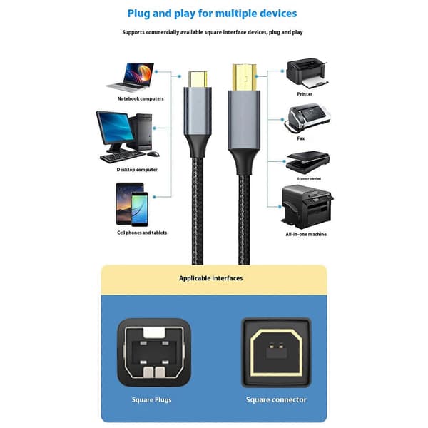 USB C-skrivarkabel Typ C hane till USB B TYP B skannerkabel skrivarsladd Typ C Typ B-kontroller bärbar dator 2m