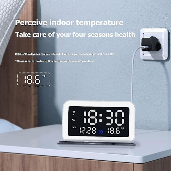 Dimbar LED-skjerm Nattlys Vekkerklokke med 15W Rask Trådløs Lader, Egnet for iOS og Android Systemer