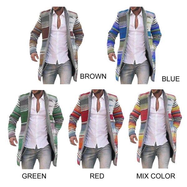 Herre Lange Jakker Varm Vinterfrakke Cardigan Afslappet Trenchcoat Stribet Overtøj Blue S