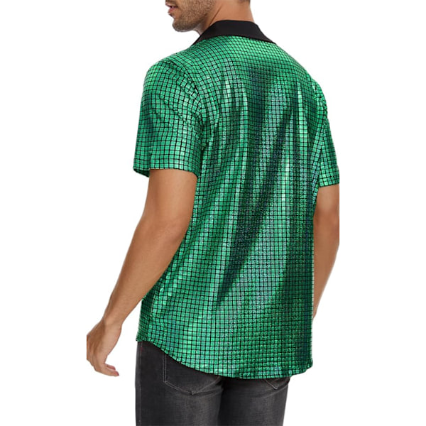 Herre 70'er 80'er Glitter Paillet Skjorter Metallisk Festkostume Kortærmet Knapskjorte Sjov Natklub T-shirt Grøn L Green