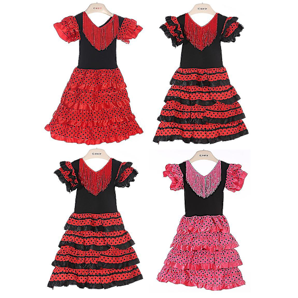Flickklänning Vacker Spansk Flamenco Dansare Kostym Barn April Sevilla Föreställningar Dansdräkt M(6-8 Å) Red Red Frills M(6-8 Y)