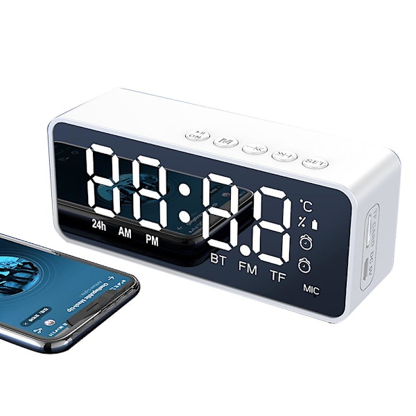 Trådlös Bluetooth Högtalare FM Radio Ljudbox Skrivbordsväckarklocka White