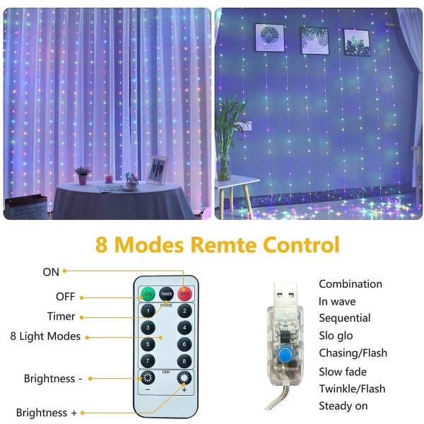 Vattentät USB gardinljus med fjärrkontroll 8 lägen led glimtljus Julfest Bröllop Halloween dekoration White