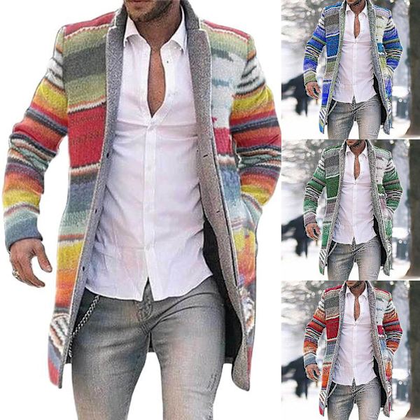 Herre Lange Jakker Varm Vinterfrakke Cardigan Afslappet Trenchcoat Stribet Overtøj Mix Color 4XL