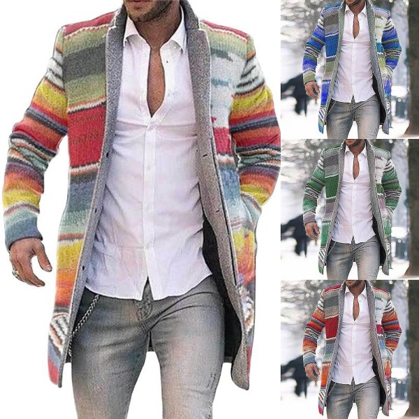 Långa Herrjackor Varm Vinterrock Kofta Casual Trenchcoat Randigt Ytterplagg Blue M