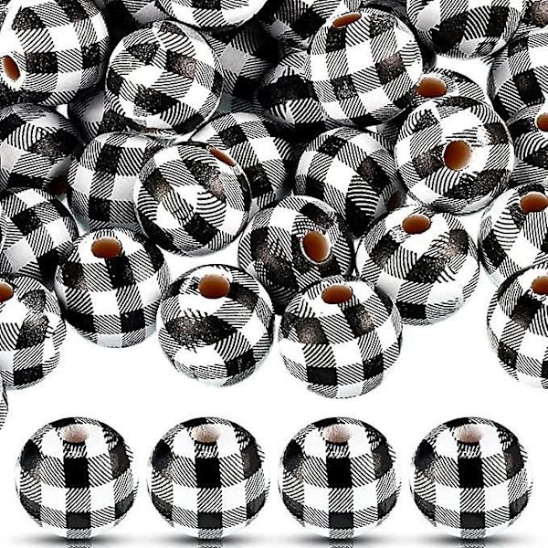 100 st DIY Rutig Tryckta Träpärlor Runda Distanspärlor För Smyckestillverkning Black white