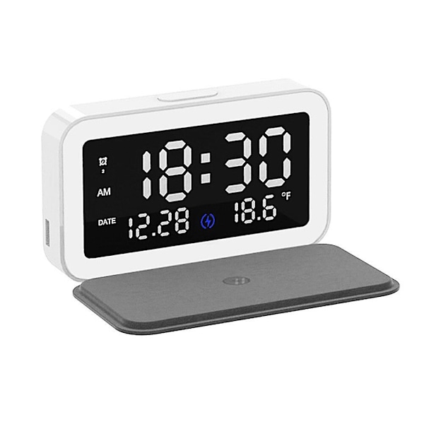 Dimbar LED-skjerm Nattlys Vekkerklokke med 15W Rask Trådløs Lader, Egnet for iOS og Android Systemer