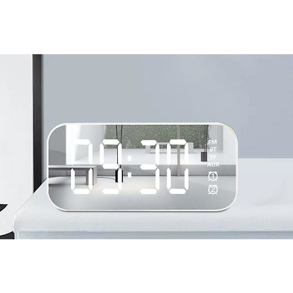 Klocka Väckarklocka Bord Digital LED Spegelskärm Väckarklocka Despertador Trådlös Bluetooth 5.0 Mp3 Hifi Högtalare White