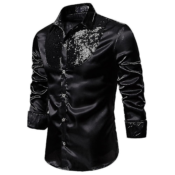 Paljettglitter Slim Fit Skjorte for Menn, Knapper, Langermet Festskjorte, Topper Svart L Black