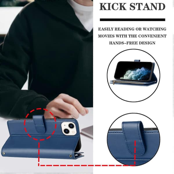 Kompatibelt med iPhone 15 plånboksfodral premium blixtlås stort utrymme flip PU-läderfodral Blue