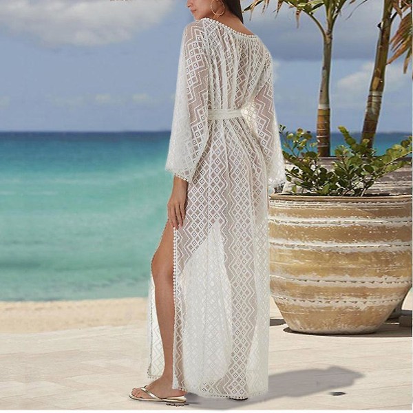 Lace Bikini Cover Up Tie Up Hollow Out Beachwear Långärmad Dre