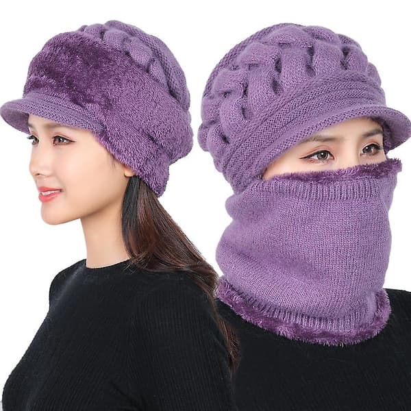 Dam Bib Mössa Halsduk Ansiktsskydd Stickad Varm Vinter Snö Skidmössa Purple