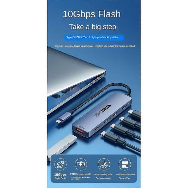 USB C Hub USB Type-C 3.2 HUB 10 Gbps høj hastighed PD100W opladning USB Type-C 3.2 adapter splitter til bærbar computer telefon PC