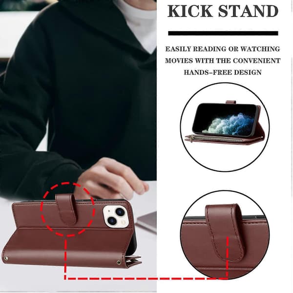 Kompatibelt med iPhone 15 plånboksfodral premium blixtlås stort utrymme flip PU-läderfodral Brown
