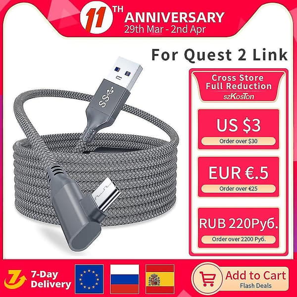 Kompatibel med Oculus Quest 2 link-kabel 5m USB 3.0 hurtigladekabel Kompatibel med
